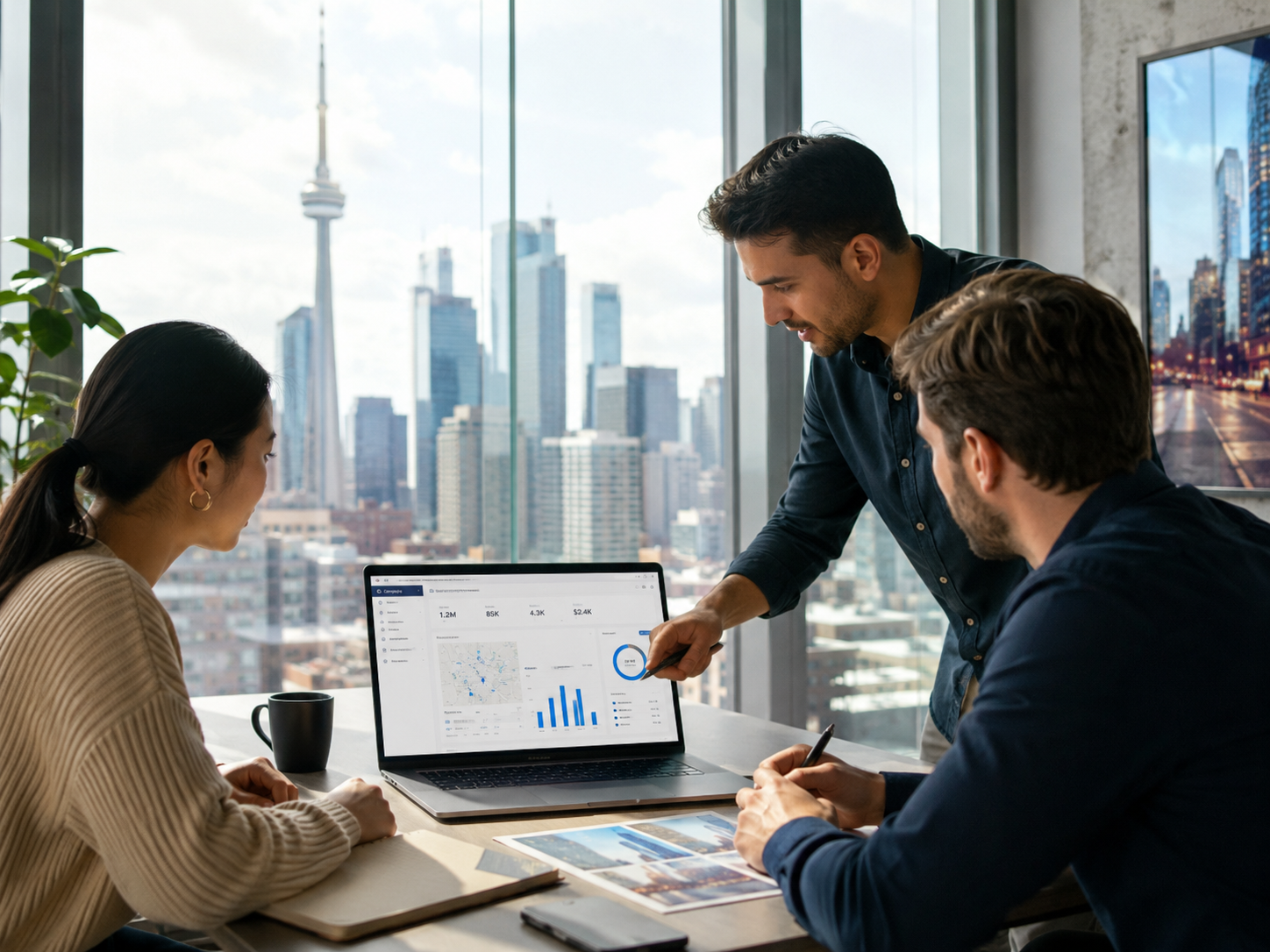 Toronto advertising team reviewing local campaign dashboard in modern office