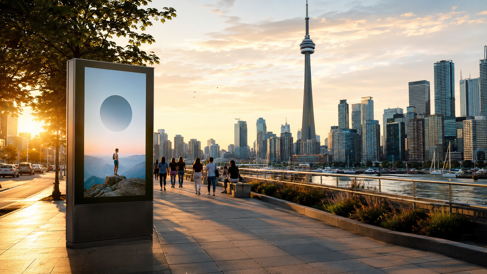 Toronto waterfront digital billboard with skyline at sunset