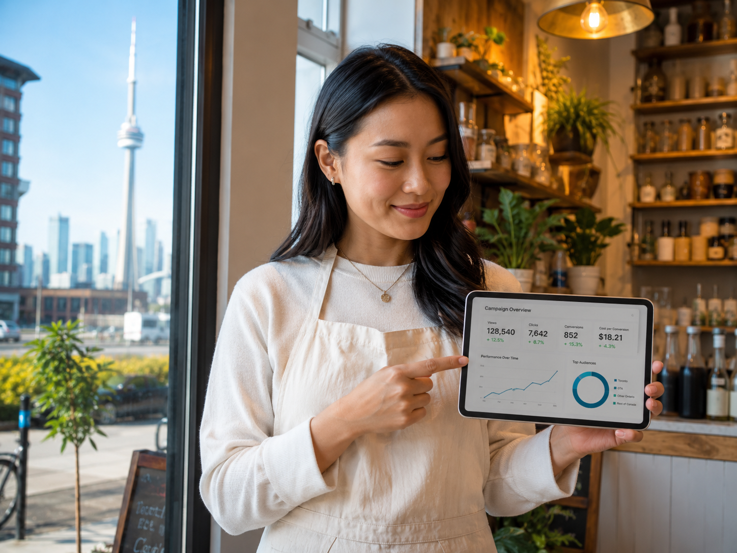 Small Toronto business owner reviewing campaign performance dashboard