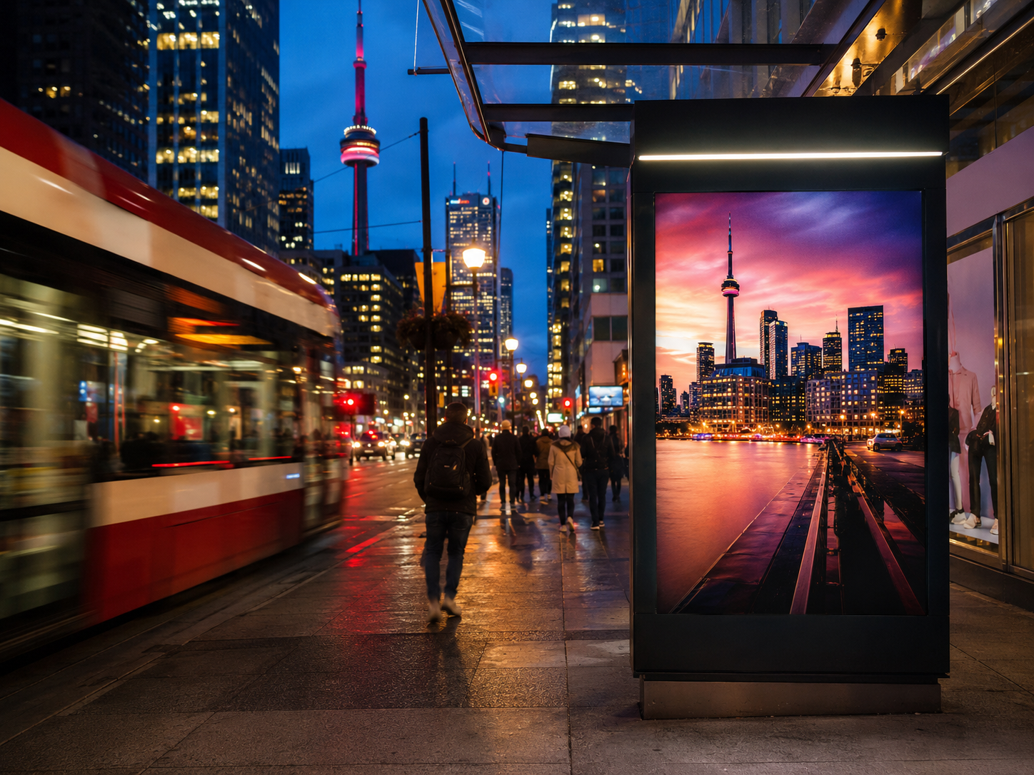 Digital advertising screen on a busy Toronto street at dusk